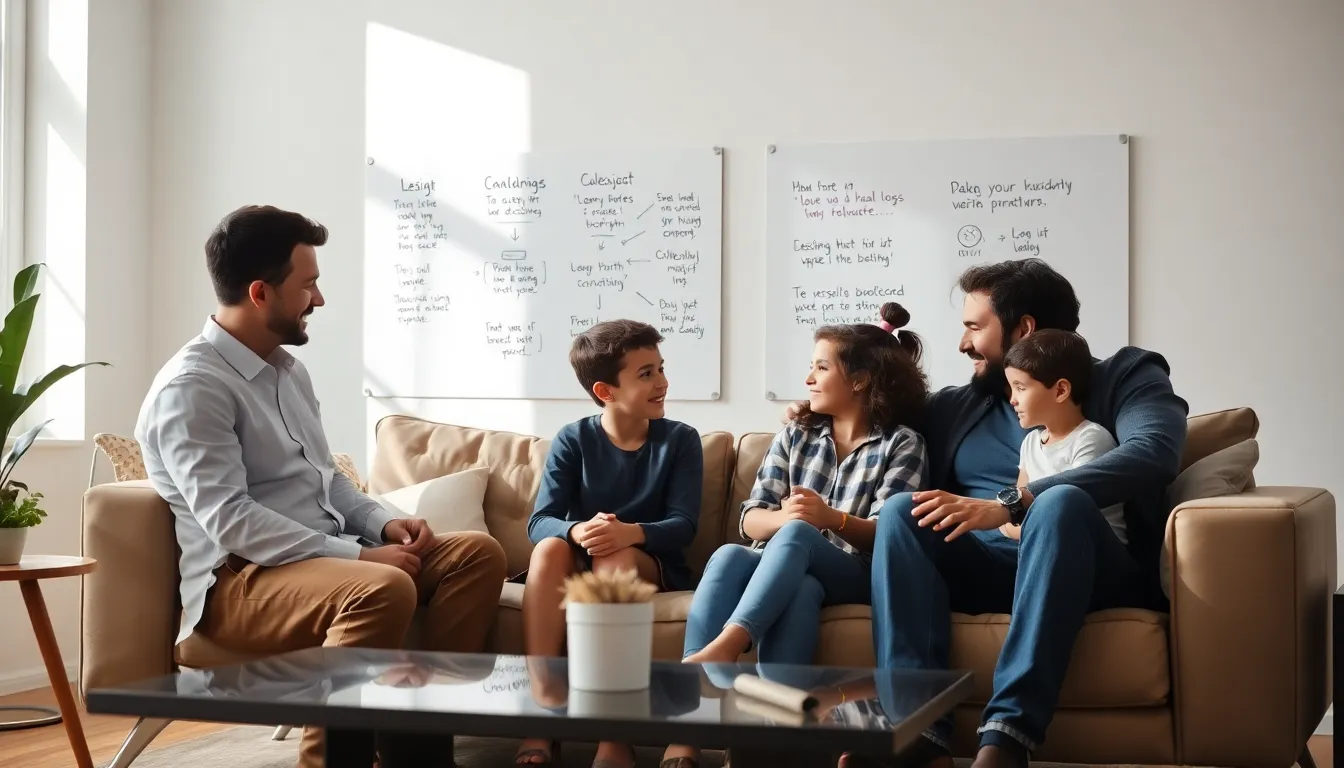 diverse family discussing parenting concepts in a modern living room.