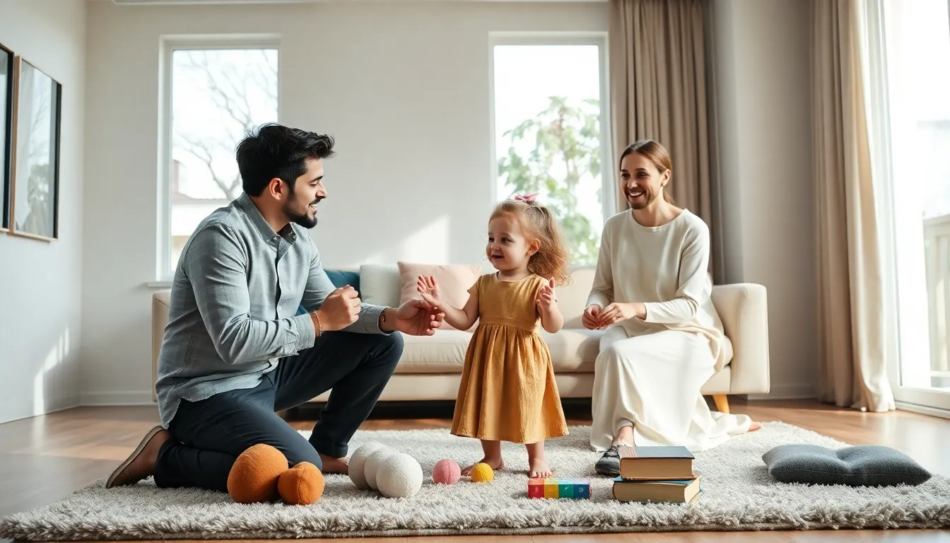 diverse family practicing gentle parenting in a bright living room.