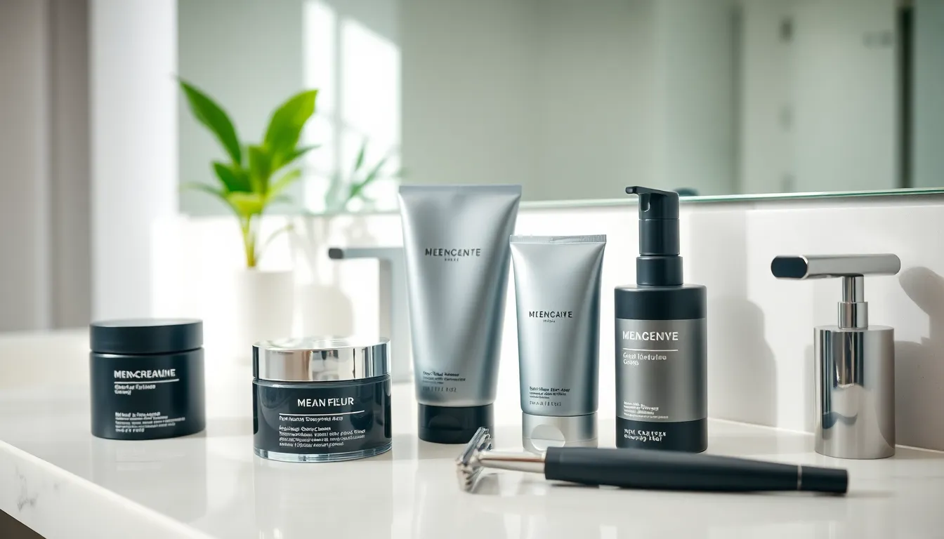 men's skincare products on a contemporary bathroom countertop.