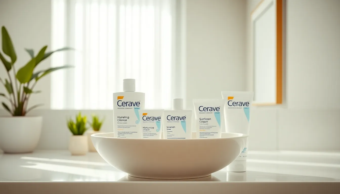 a modern bathroom scene with Cerave skincare products displayed.