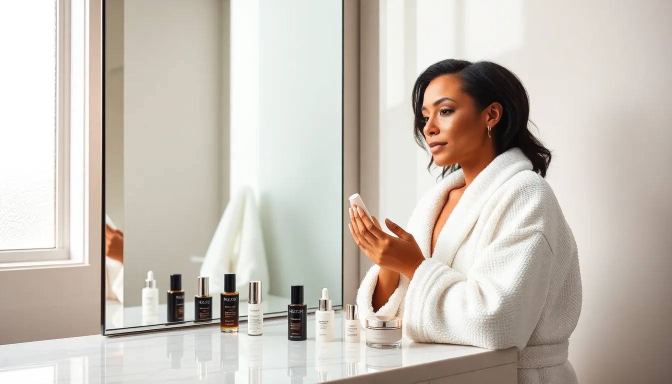 celebrity applying skincare in a luxurious bathroom.