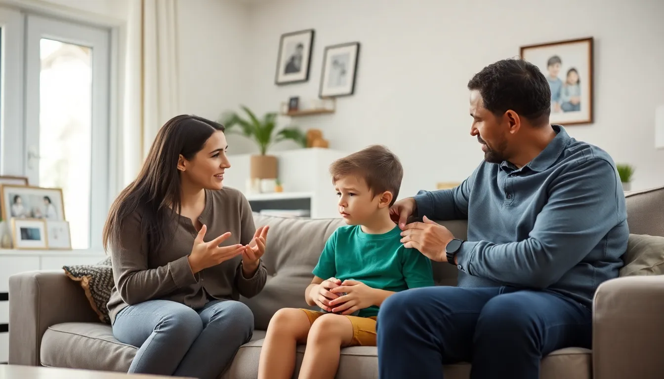 diverse family discussing emotions in a cozy living room.