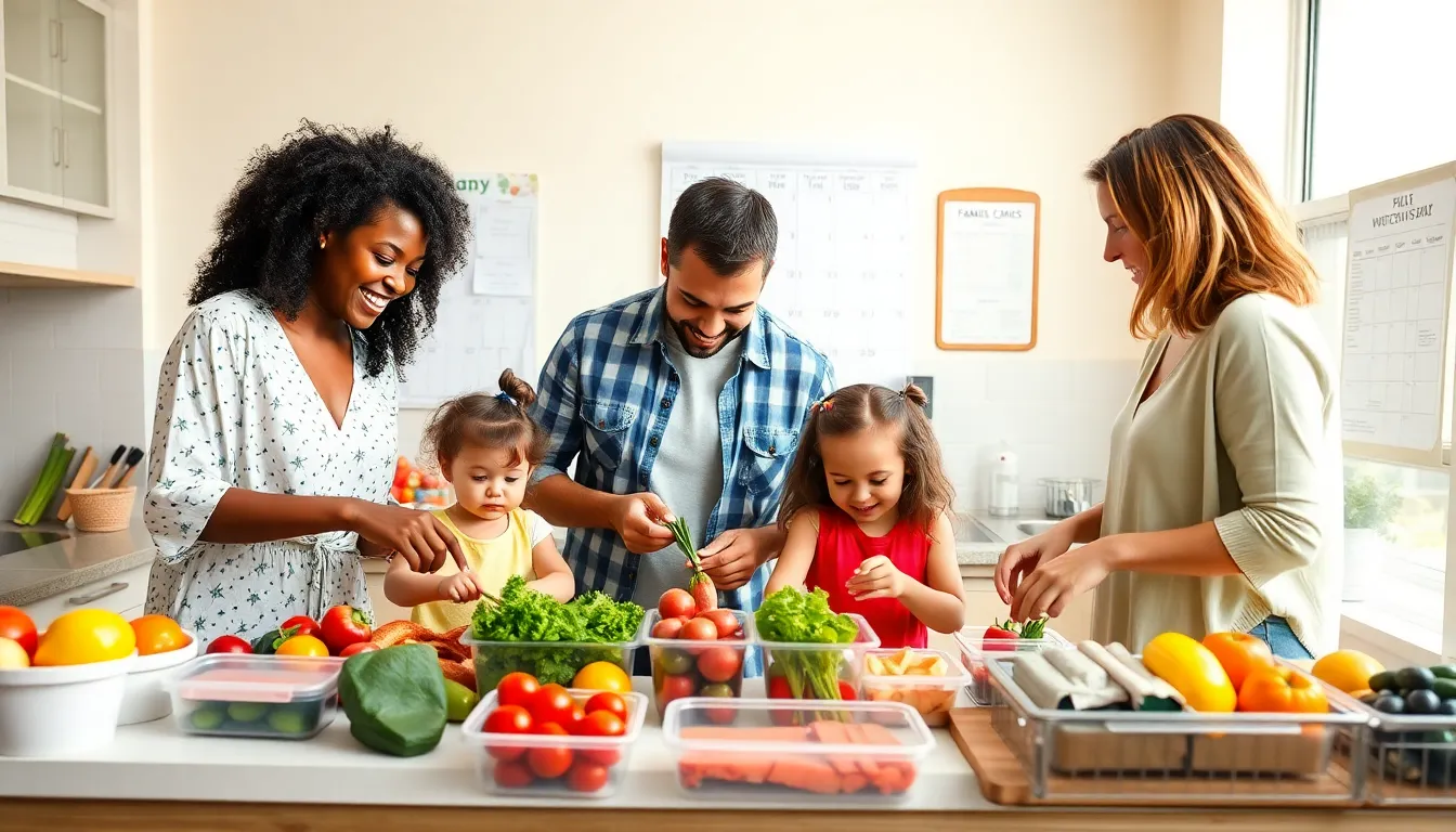 diverse parents preparing meals together in a bright kitchen.
