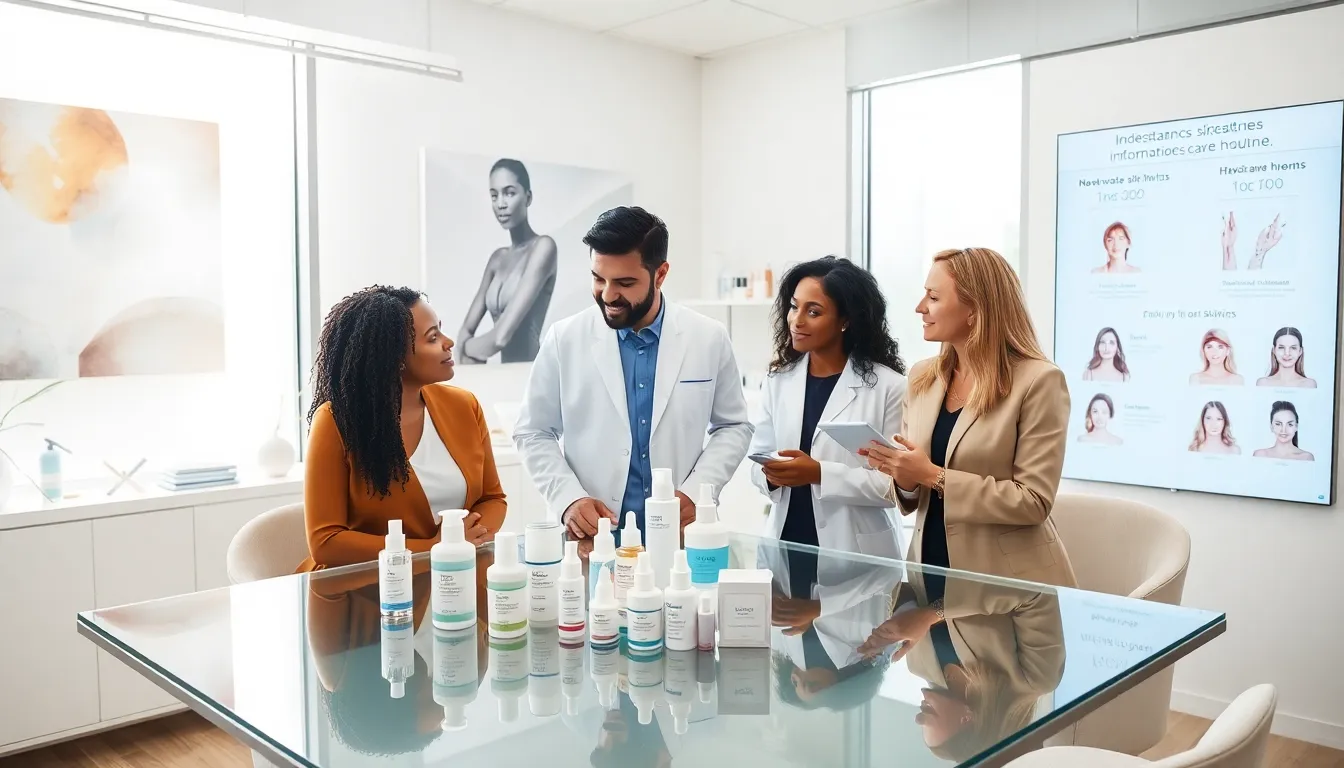 diverse skincare professionals discussing skin types in a modern office.