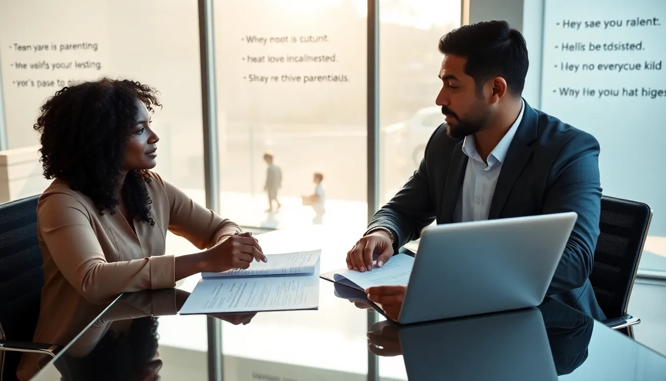 couple discussing a parenting plan in a modern office.