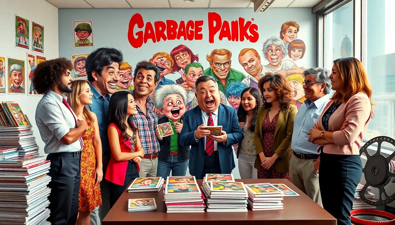 diverse group discussing Garbage Pail Kids in a colorful office.