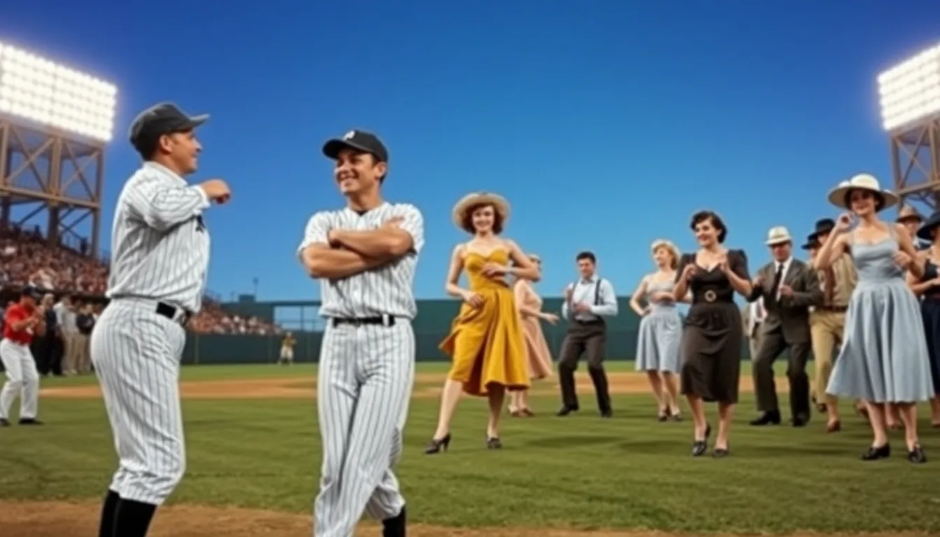 classic 1940s musical scene featuring baseball and iconic actors.