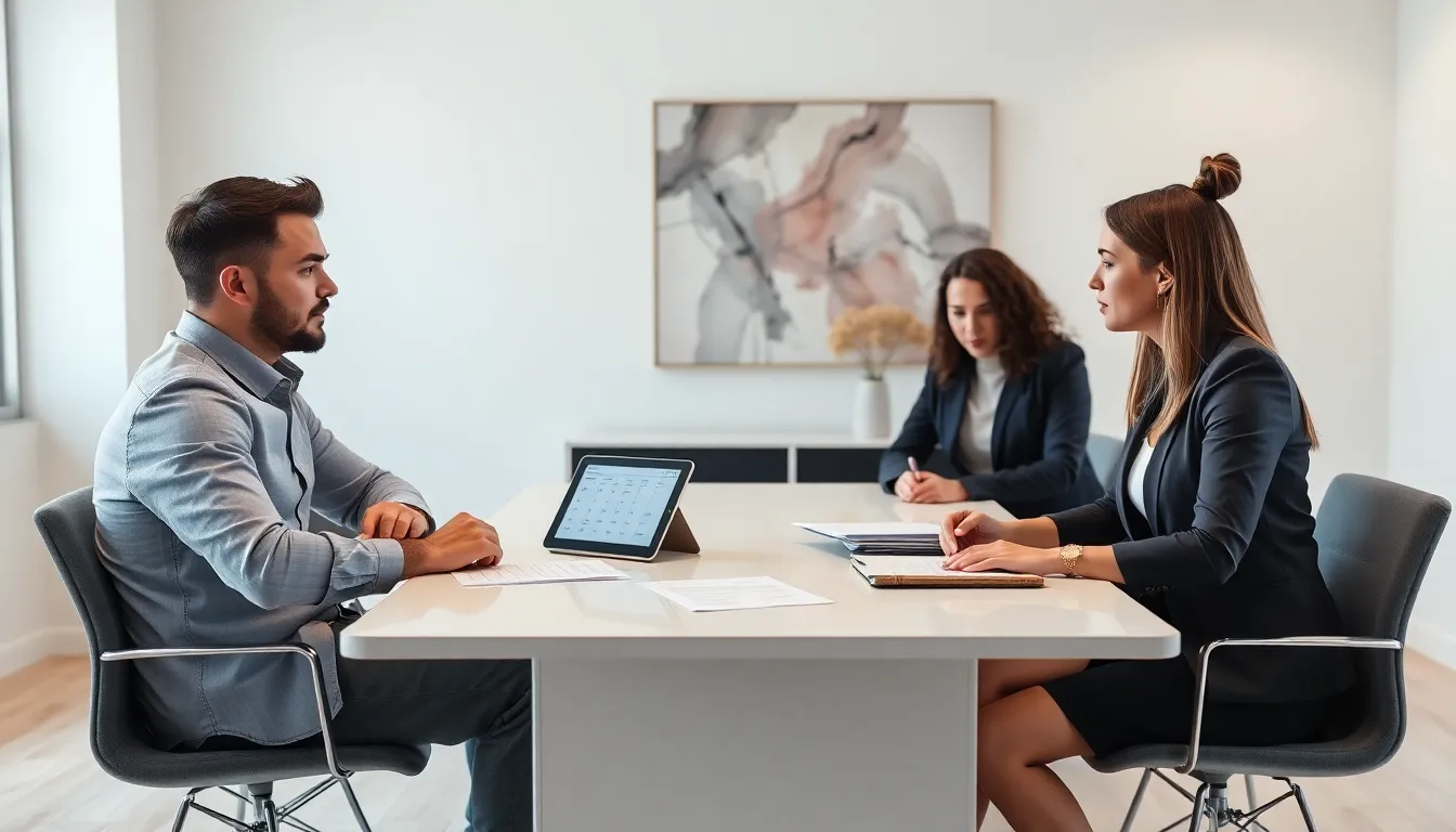 two parents discussing co-parenting in a modern office setup.