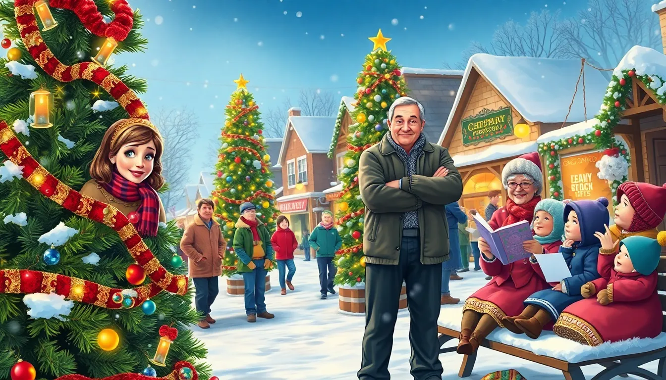 festive small town scene with characters celebrating Christmas together.