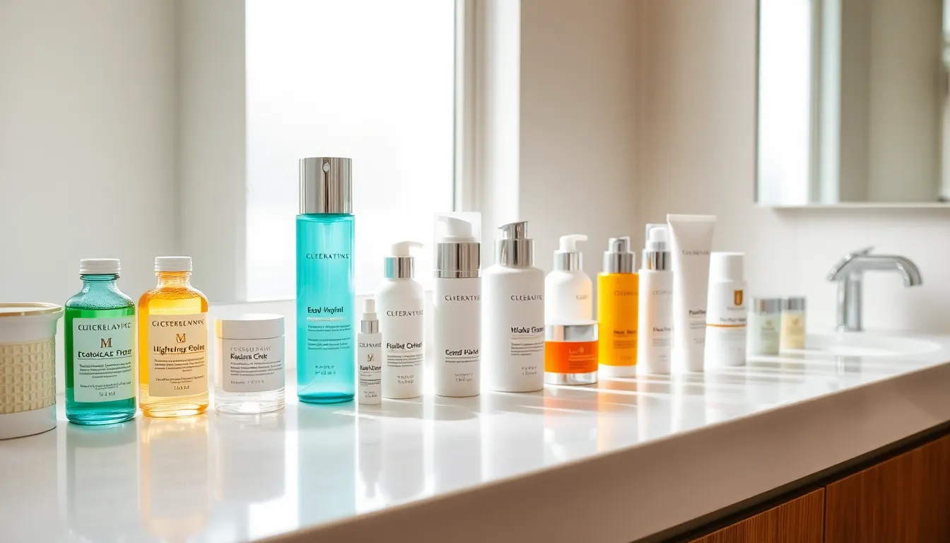 various facial skincare products for different skin types on a modern countertop.
