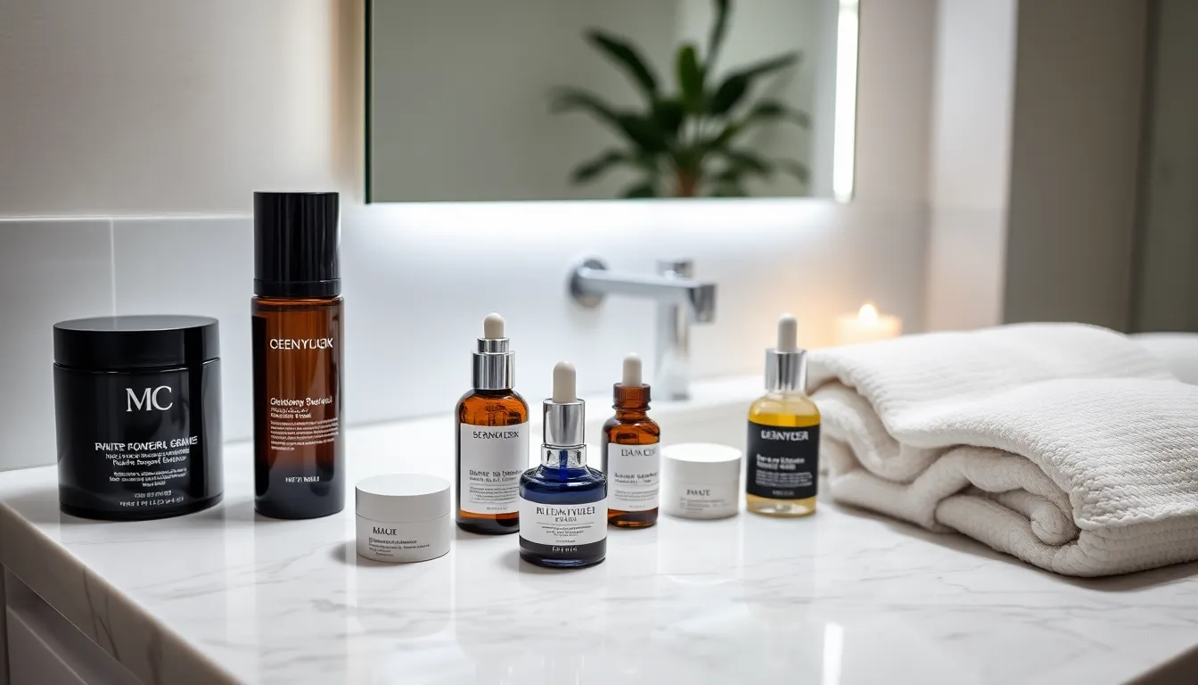 modern bathroom with skincare products for nighttime routine