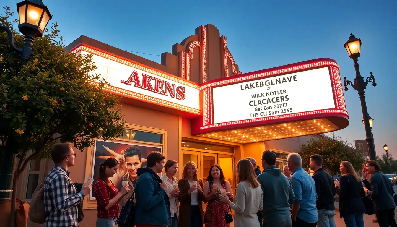 Lake Geneva movie theater with diverse moviegoers in front.